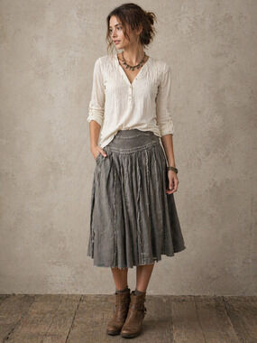 Lagenlook Khaki Flowing Midi Skirt Cottagecore Frayed Hem Peasant Festival SP